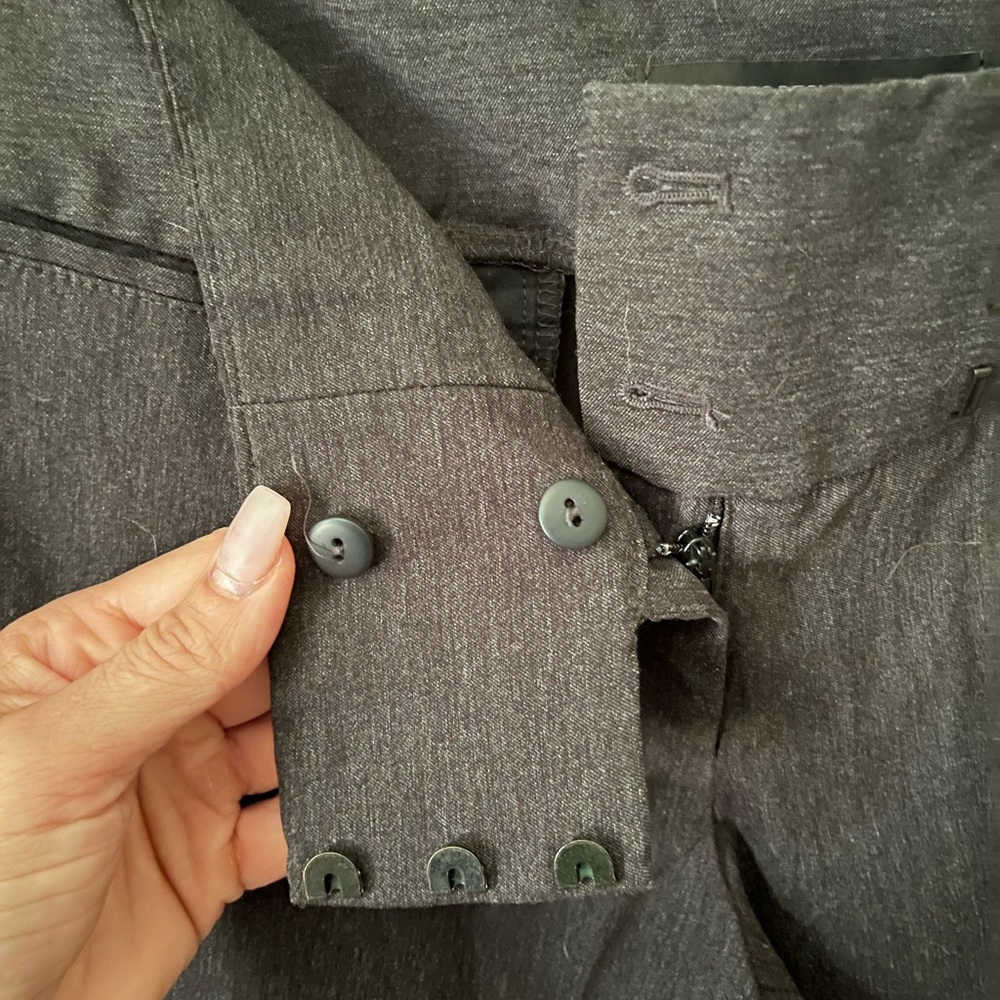 Boot cut express slacks.  Machine washable.  Charcoal gray